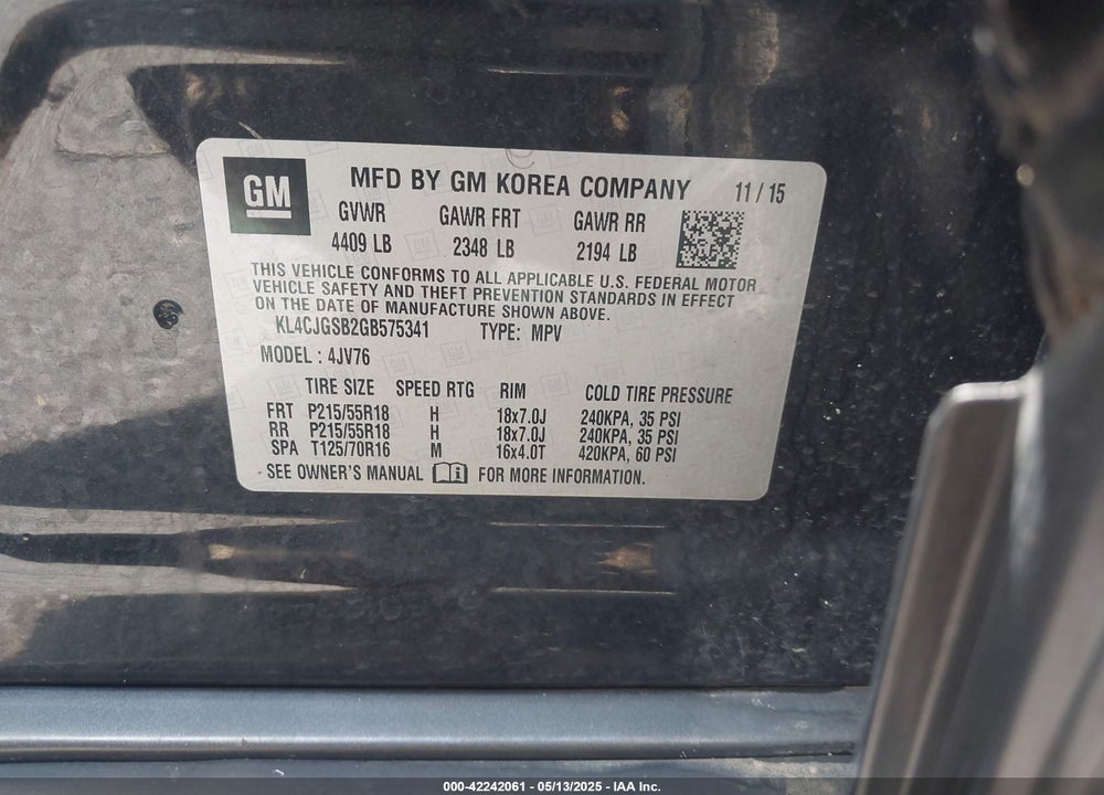 2016 BUICK ENCORE VIN: KL4CJGSB2GB575341