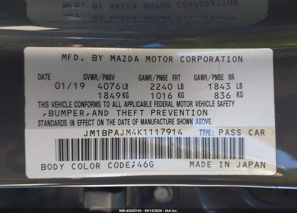 2019 MAZDA 3 VIN: JM1BPAJM4K1117914