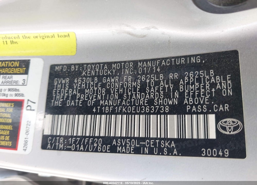 2014 TOYOTA CAMRY SE VIN: 4T1BF1FK0EU363738