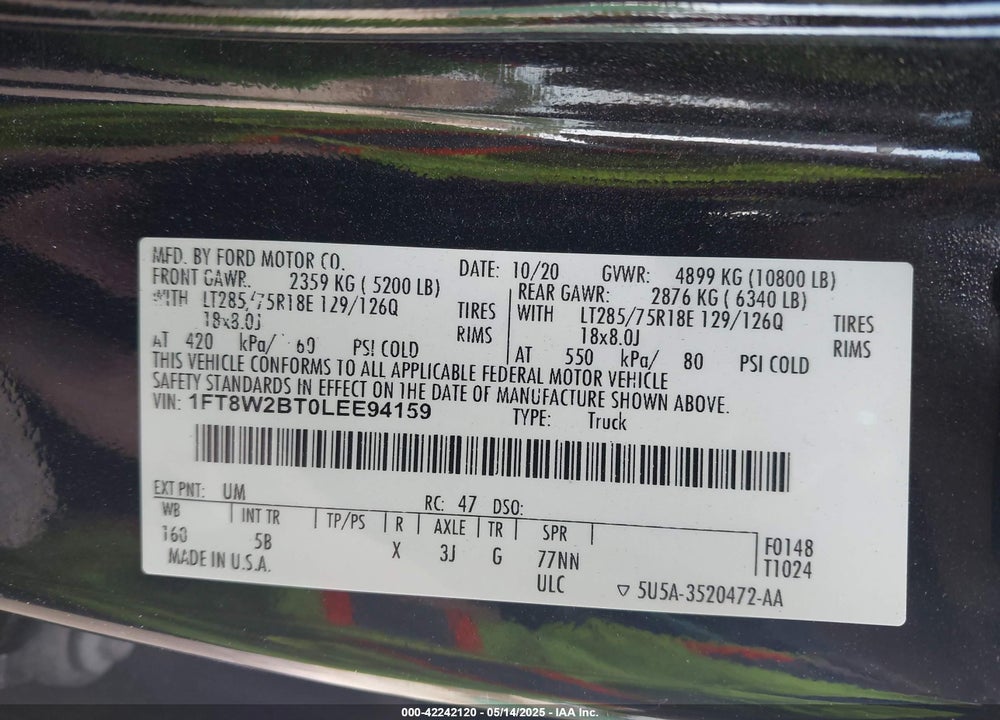 2020 FORD F-250 VIN: 1FT8W2BT0LEE94159
