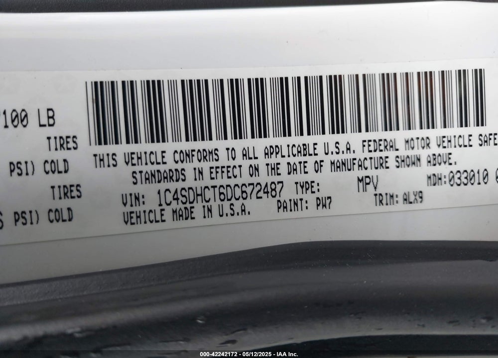 2013 DODGE DURANGO R/T VIN: 1C4SDHCT6DC672487
