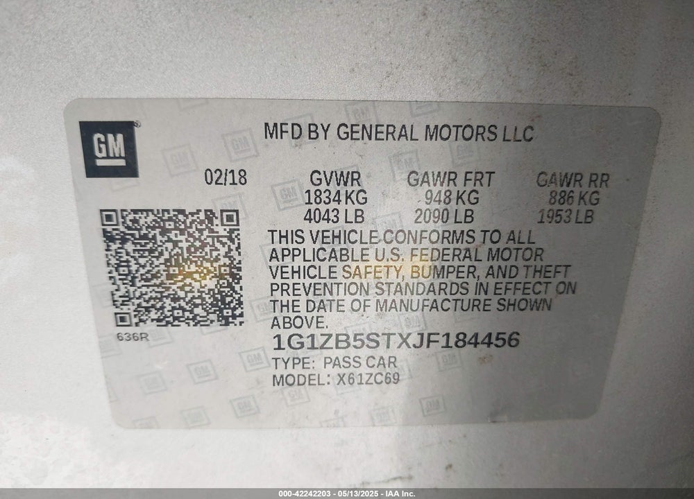 2018 CHEVROLET MALIBU VIN: 1G1ZB5STXJF184456