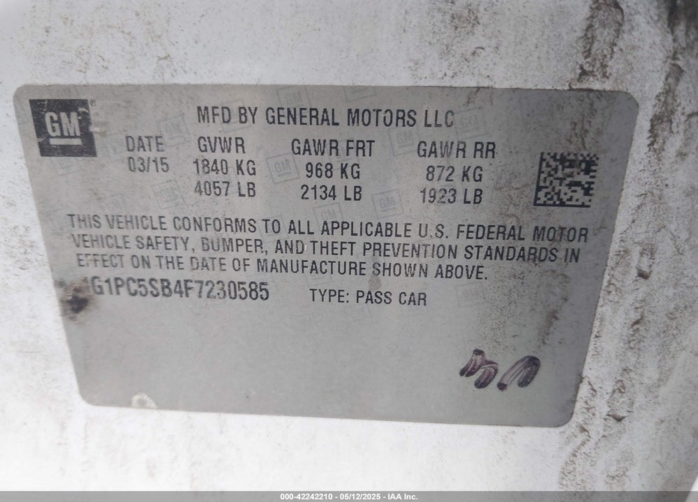 2015 CHEVROLET CRUZE VIN: 1G1PC5SB4F7230585