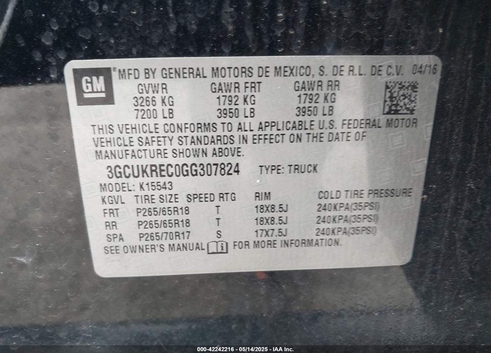 2016 CHEVROLET SILVERADO 1500 VIN: 3GCUKREC0GG307824