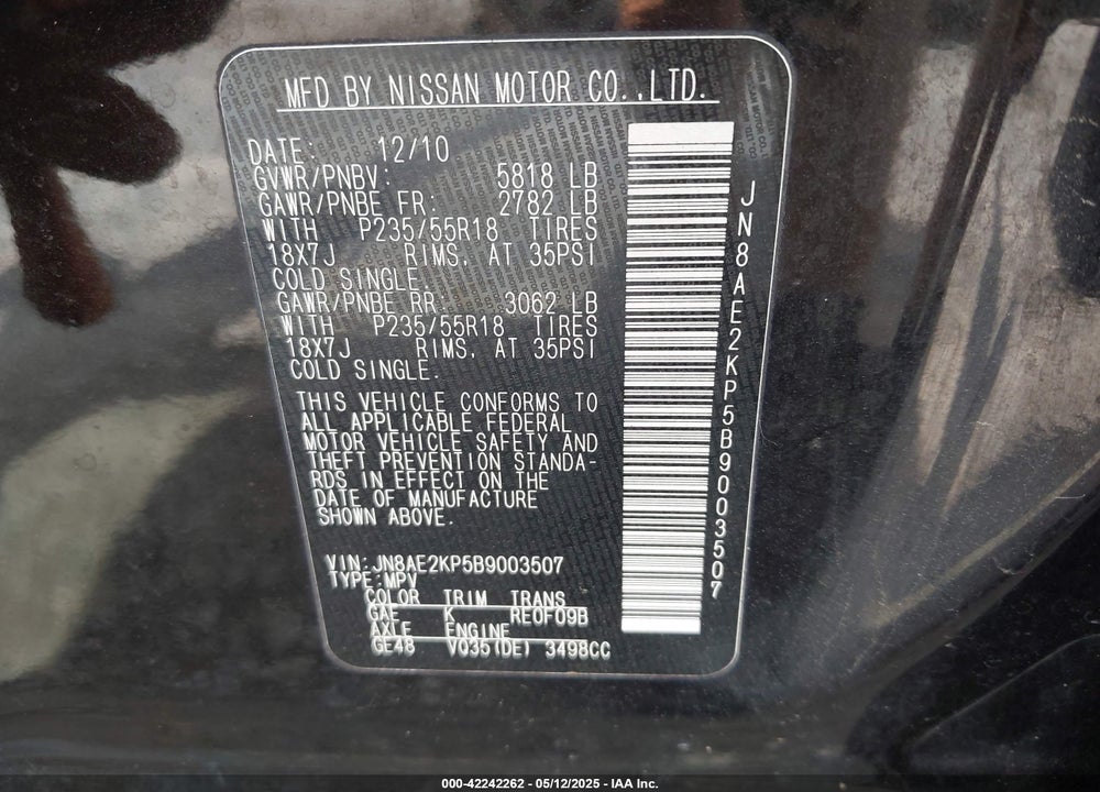 2011 NISSAN QUEST VIN: JN8AE2KP5B9003507