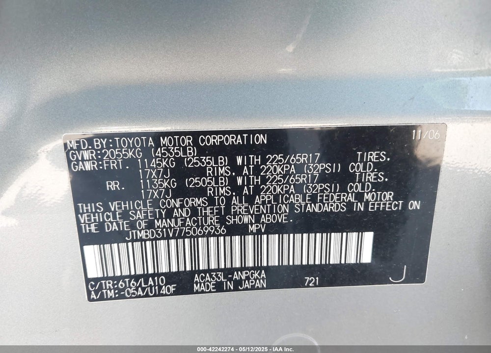 2007 TOYOTA RAV4 VIN: JTMBD31V775069936
