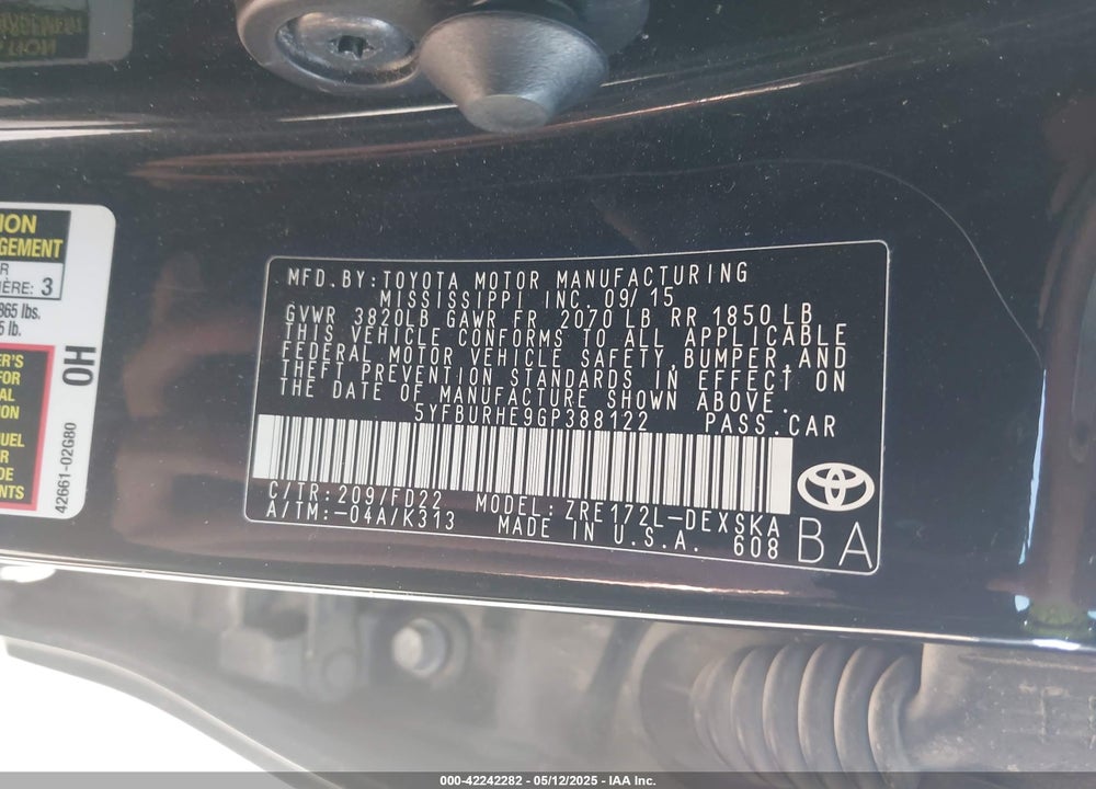 2016 TOYOTA COROLLA VIN: 5YFBURHE9GP388122