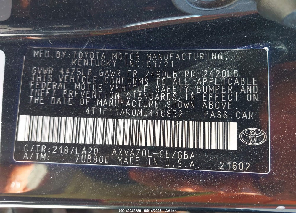 2021 TOYOTA CAMRY VIN: 4T1F11AK0MU446852