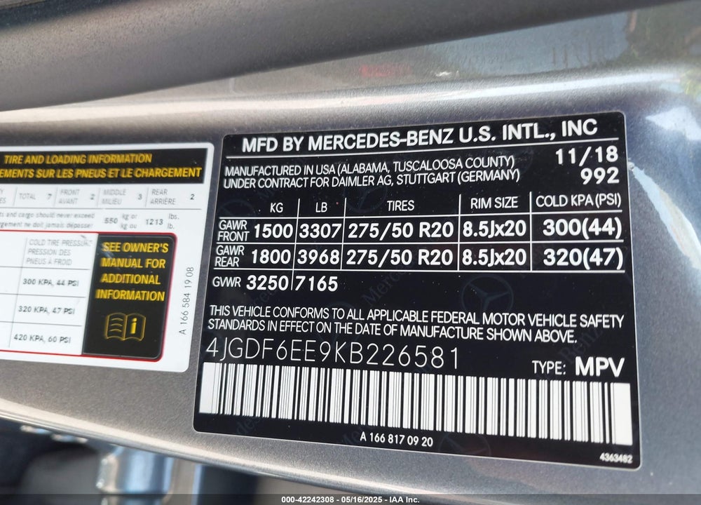 2019 MERCEDES-BENZ GLS-CLASS VIN: 4JGDF6EE9KB226581
