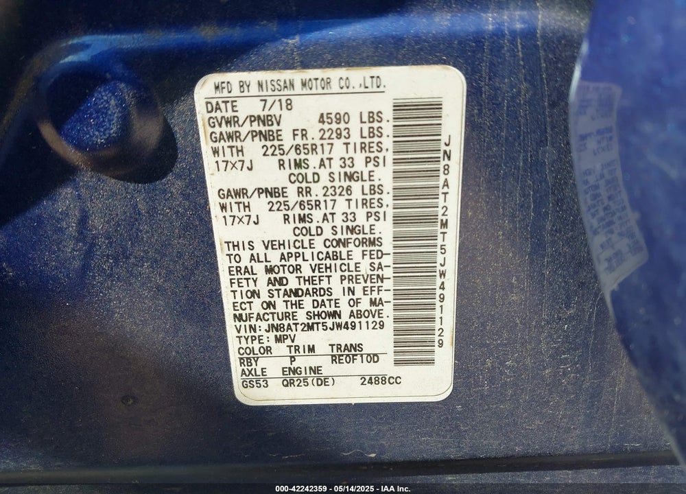 2018 NISSAN ROGUE VIN: JN8AT2MT5JW491129