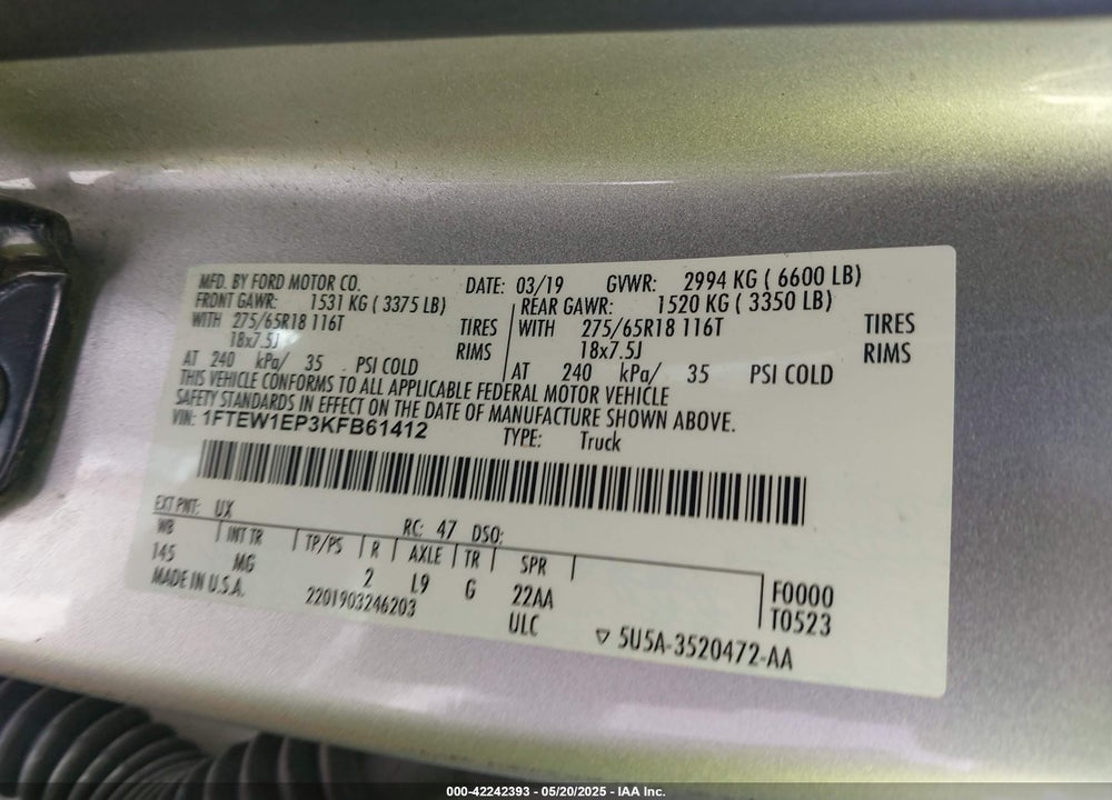 2019 FORD F-150 XLT VIN: 1FTEW1EP3KFB61412