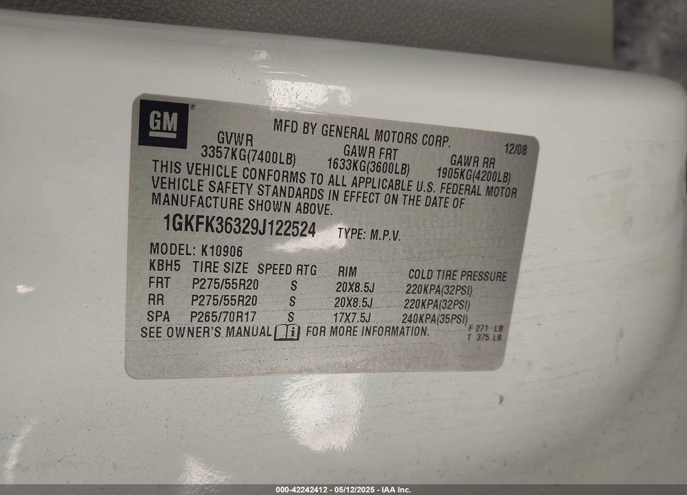 2009 GMC YUKON XL 1500 VIN: 1GKFK36329J122524