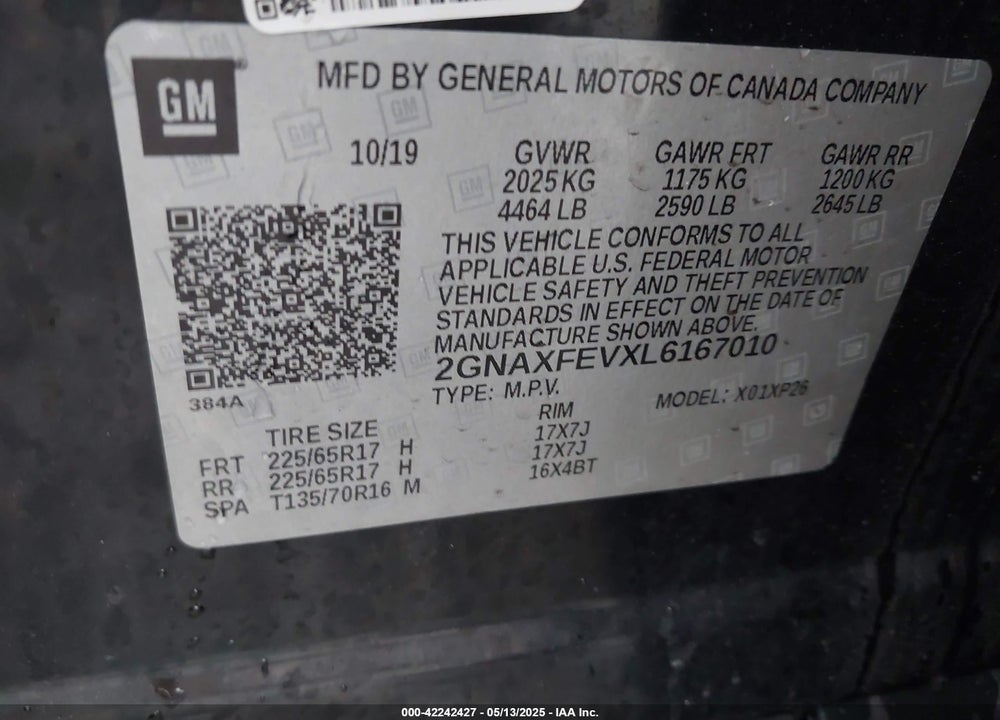 2020 CHEVROLET EQUINOX VIN: 2GNAXFEVXL6167010