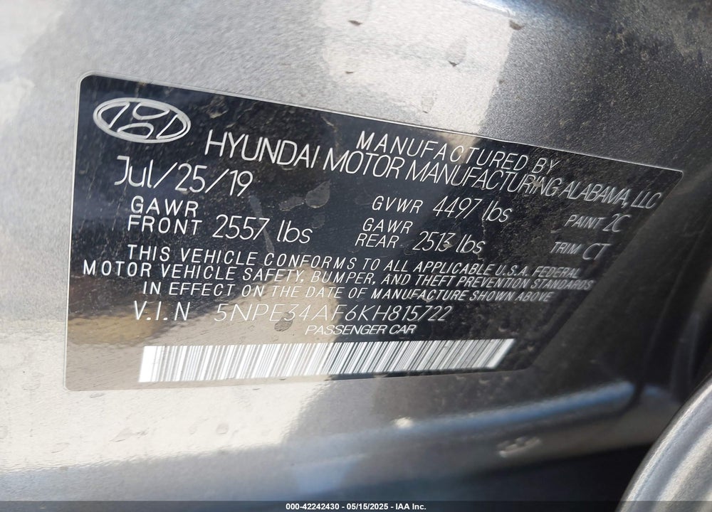 2019 HYUNDAI SONATA VIN: 5NPE34AF6KH815722