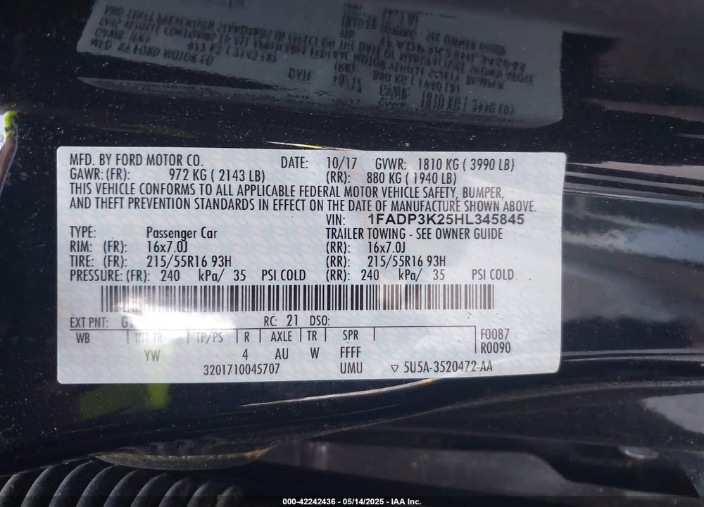 2017 FORD FOCUS VIN: 1FADP3K25HL345845