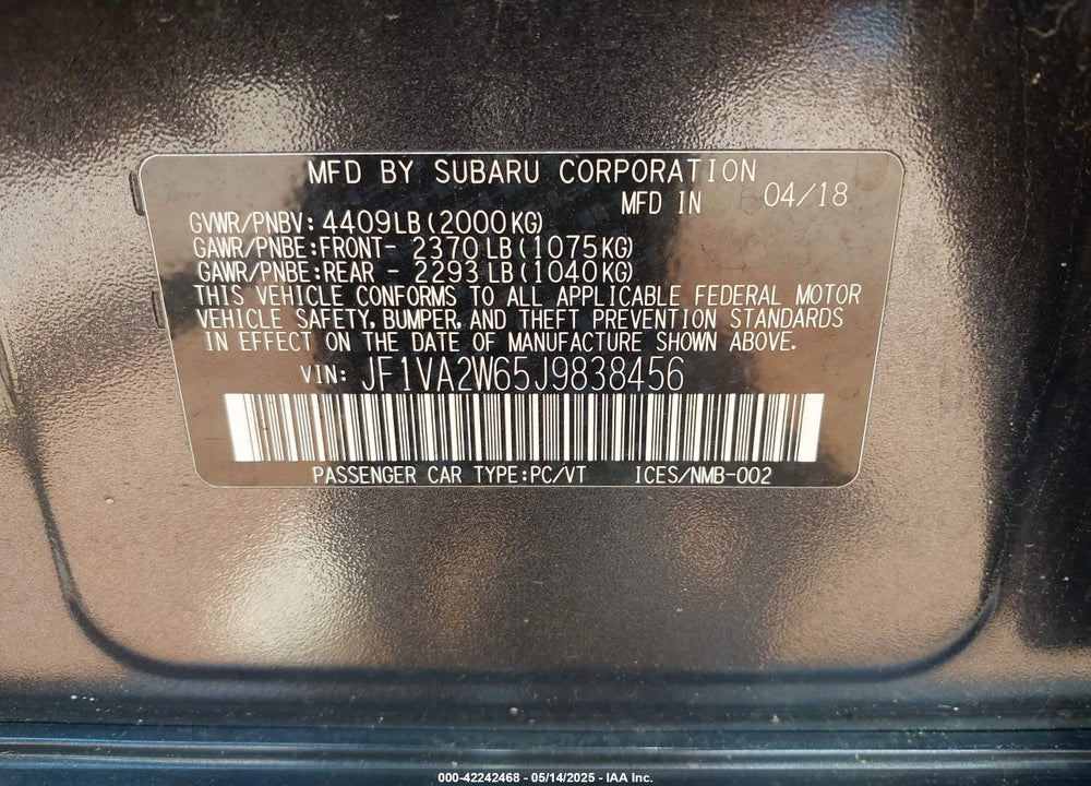 2018 SUBARU WRX VIN: JF1VA2W65J9838456
