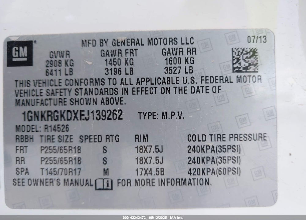 2014 CHEVROLET TRAVERSE 1LT VIN: 1GNKRGKDXEJ139262