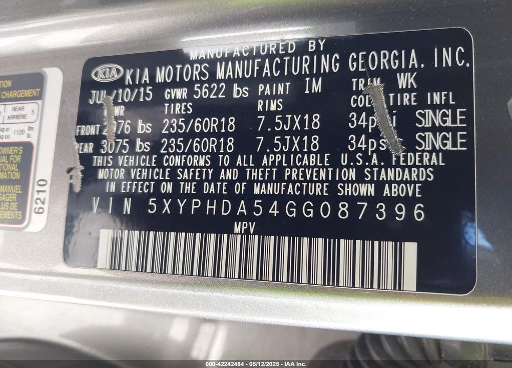 2016 KIA SORENTO 3.3L EX VIN: 5XYPHDA54GG087396