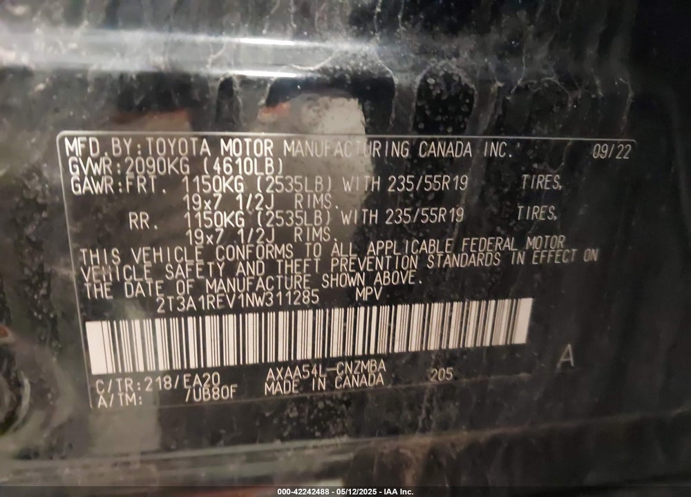 2022 TOYOTA RAV4 XLE PREMIUM VIN: 2T3A1RFV1NW311285