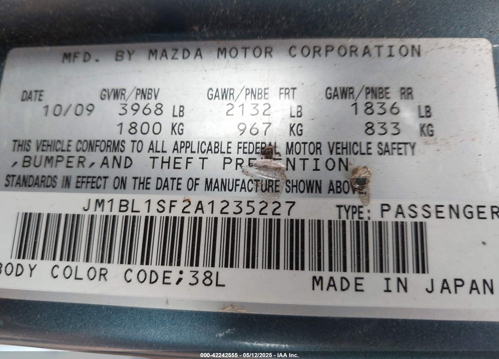 2010 MAZDA MAZDA3 VIN: JM1BL1SF2A1235227