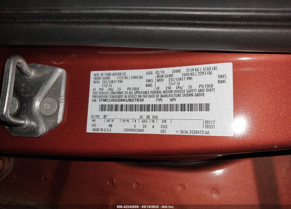 2019 FORD ESCAPE VIN: 1FMCU9GD8KUB27830