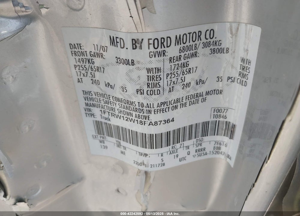 2008 FORD F-150 60TH ANNIVERSARY/FX2/XL/XLT VIN: 1FTRW12W18FA87364