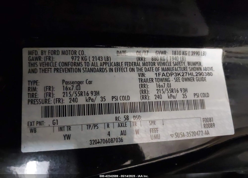 2017 FORD FOCUS VIN: 1FADP3K27HL290380