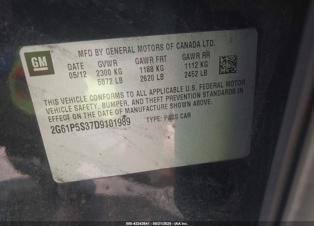 2013 CADILLAC XTS VIN: 2G61P5S37D9101989