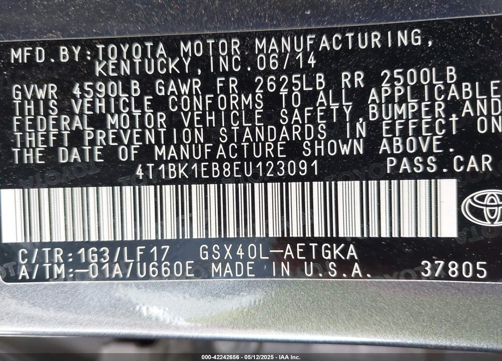 2014 TOYOTA AVALON VIN: 4T1BK1EB8EU123091