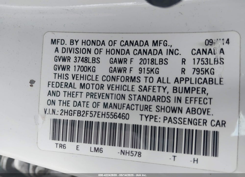 2014 HONDA CIVIC LX VIN: 2HGFB2F57EH556460