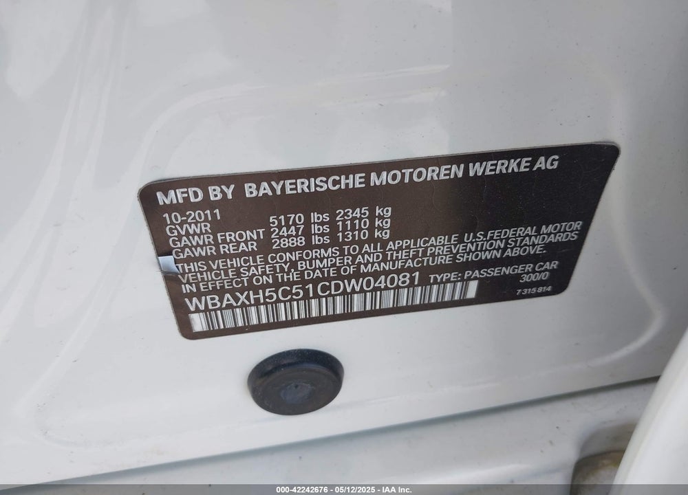 2012 BMW 528I XDRIVE VIN: WBAXH5C51CDW04081