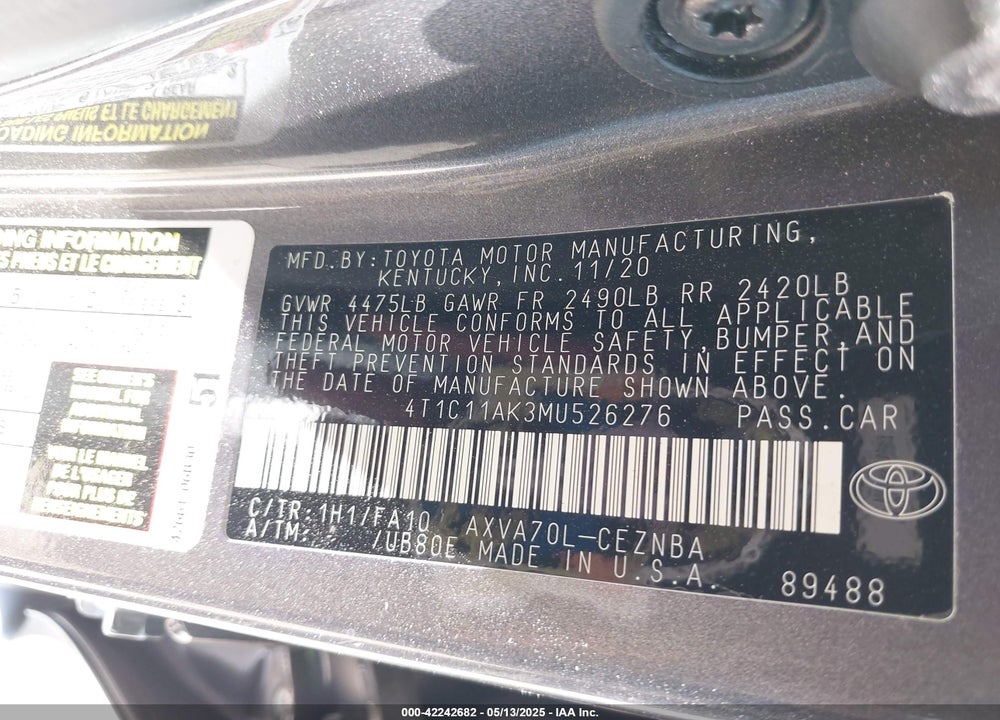 2021 TOYOTA CAMRY VIN: 4T1C11AK3MU526276