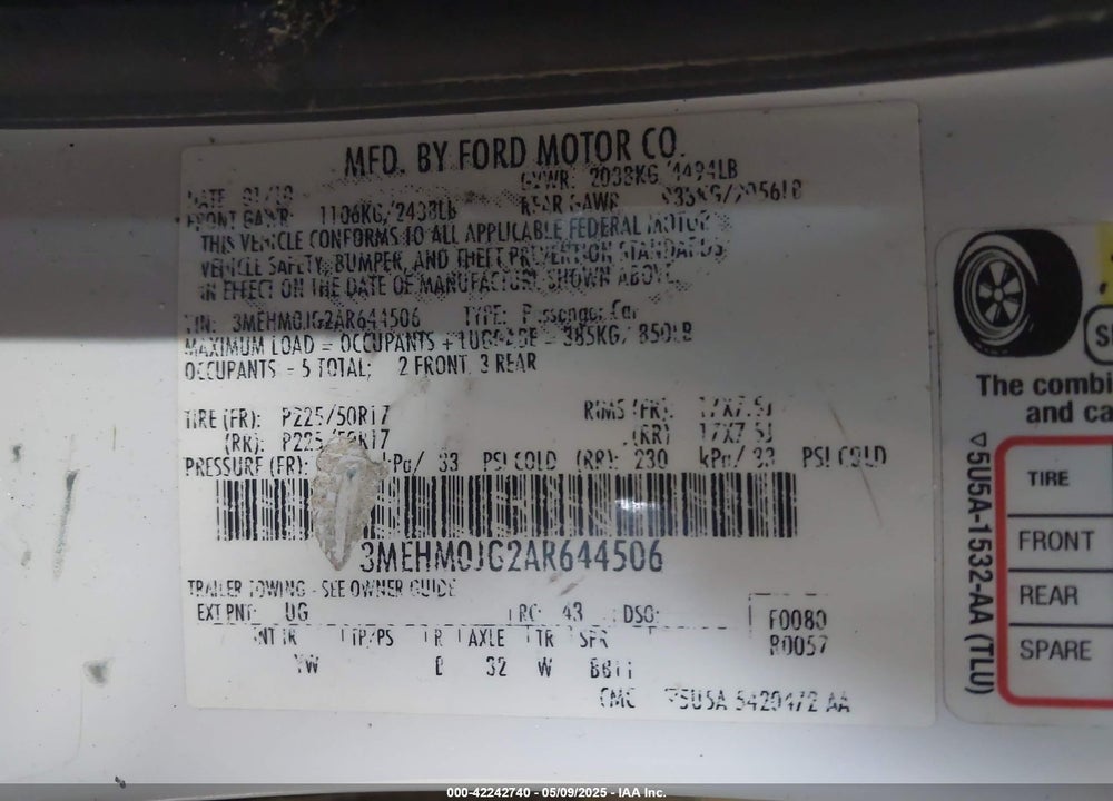 2010 MERCURY MILAN VIN: 3MEHM0JG2AR644506