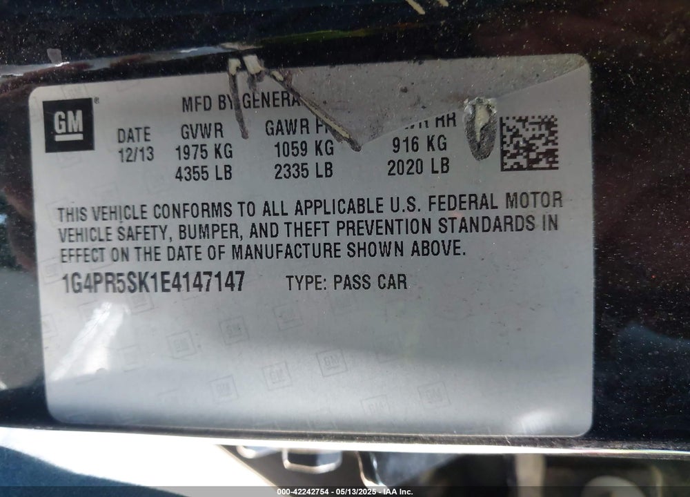 2014 BUICK VERANO VIN: 1G4PR5SK1E4147147