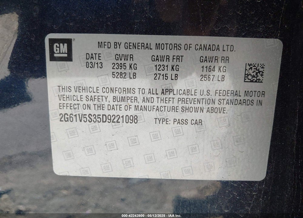 2013 CADILLAC XTS PLATINUM VIN: 2G61V5S35D9221098