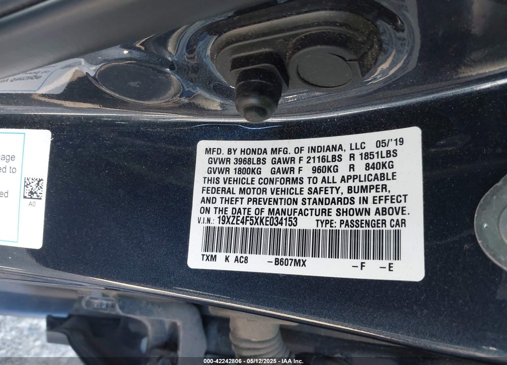 2019 HONDA INSIGHT VIN: 19XZE4F5XKE034153