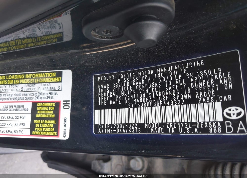 2016 TOYOTA COROLLA S PLUS VIN: 5YFBURHE8GP449332