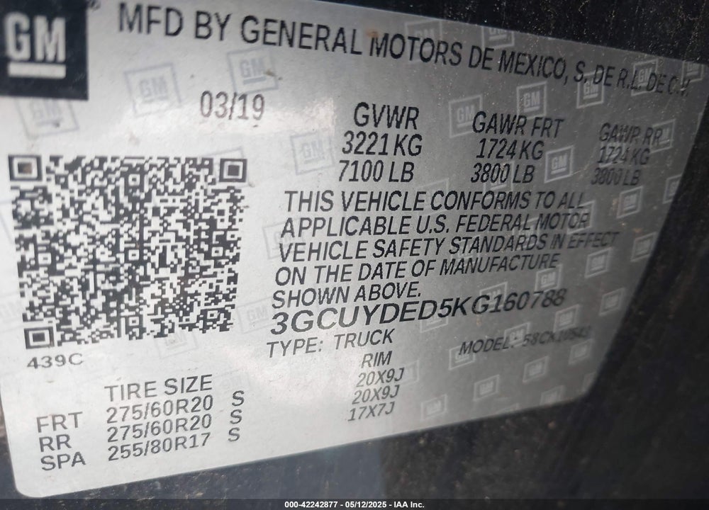 2019 CHEVROLET SILVERADO 1500 LT VIN: 3GCUYDED5KG160788