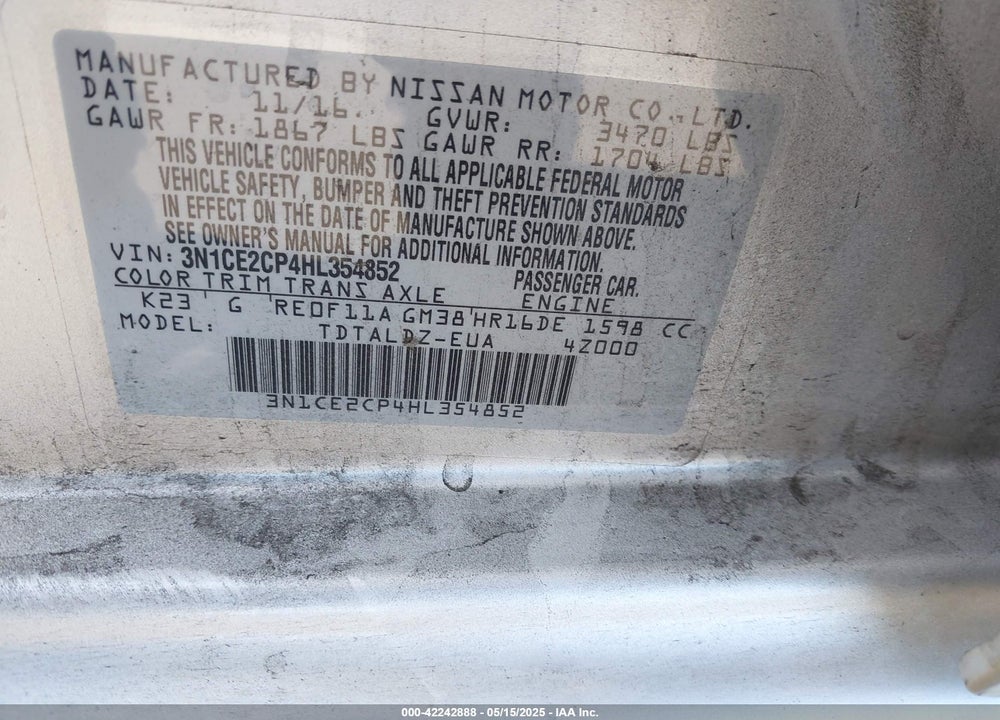 2017 NISSAN VERSA NOTE SV VIN: 3N1CE2CP4HL354852