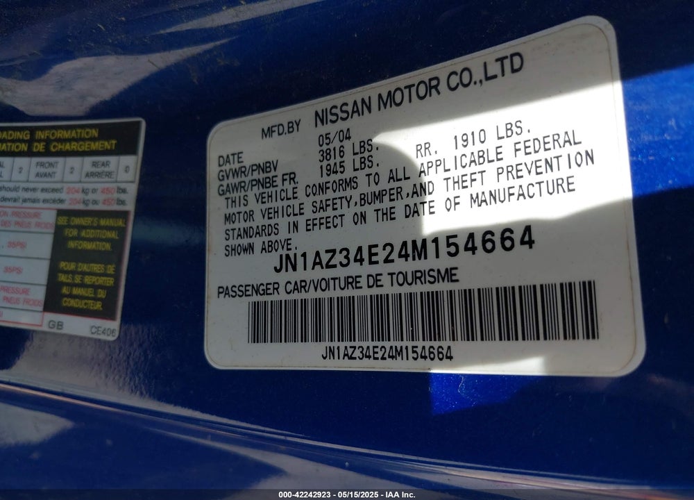 2004 NISSAN 350Z TOURING VIN: JN1AZ34E24M154664