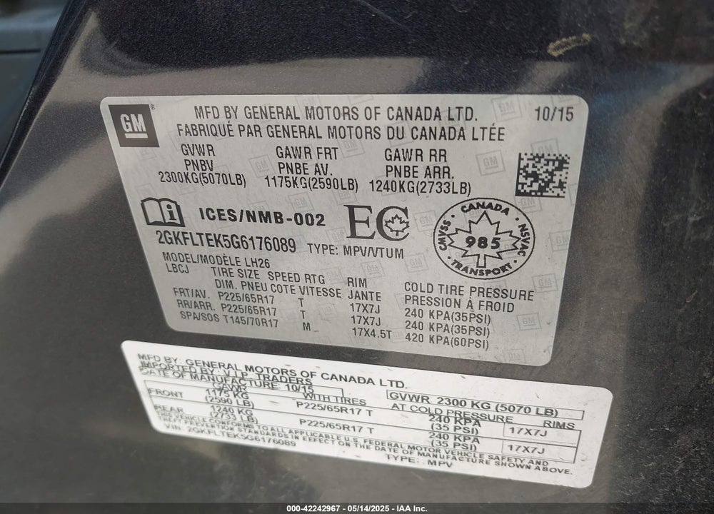 2016 GMC TERRAIN SLE-2 VIN: 2GKFLTEK5G6176089
