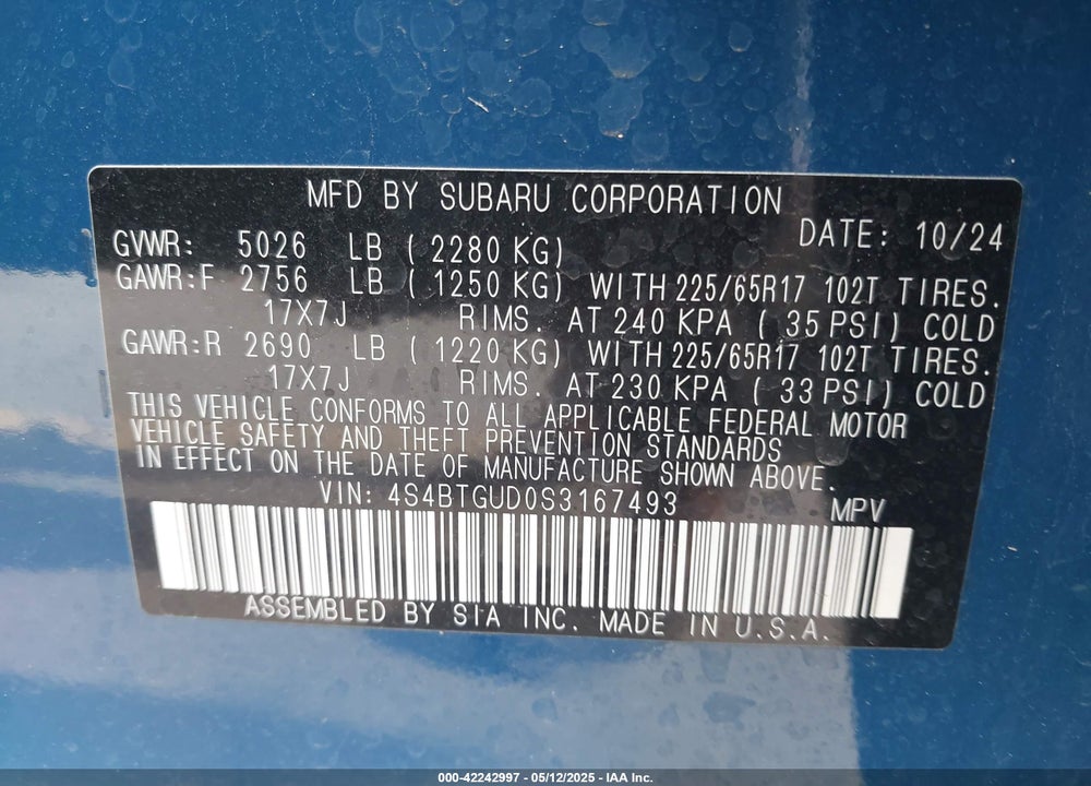 2025 SUBARU OUTBACK VIN: 4S4BTGUD0S3167493