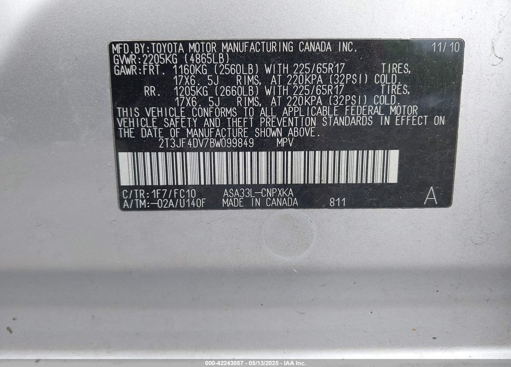 2011 TOYOTA RAV4 VIN: 2T3JF4DV7BW099849