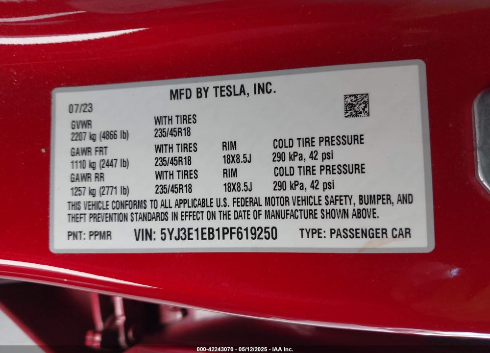 2023 TESLA MODEL 3 LONG RANGE DUAL MOTOR ALL-WHEEL DRIVE VIN: 5YJ3E1EB1PF619250