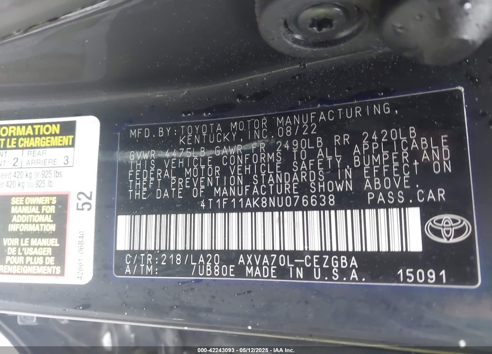 2022 TOYOTA CAMRY XLE VIN: 4T1F11AK8NU076638