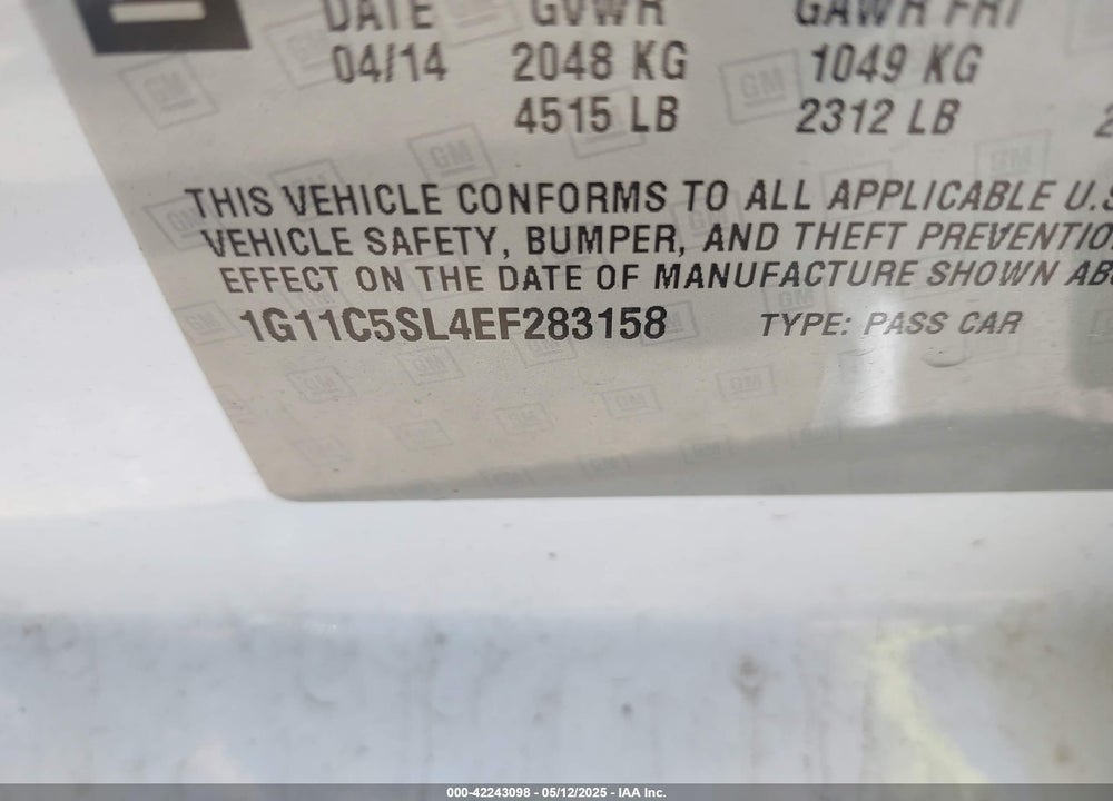 2014 CHEVROLET MALIBU VIN: 1G11C5SL4EF283158