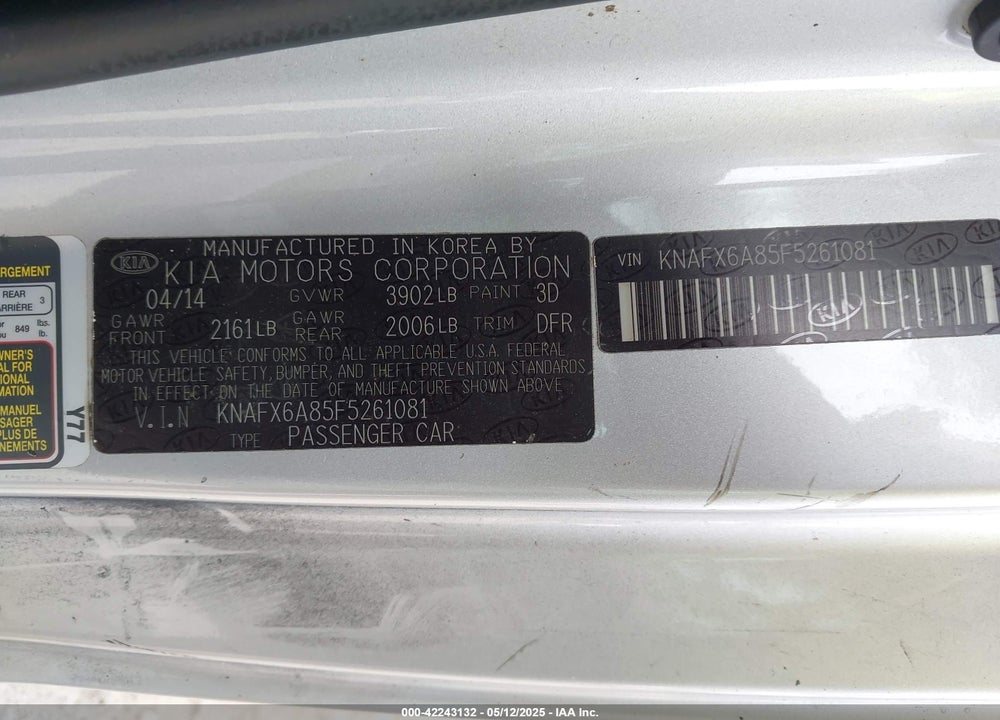 2015 KIA FORTE KOUP VIN: KNAFX6A85F5261081