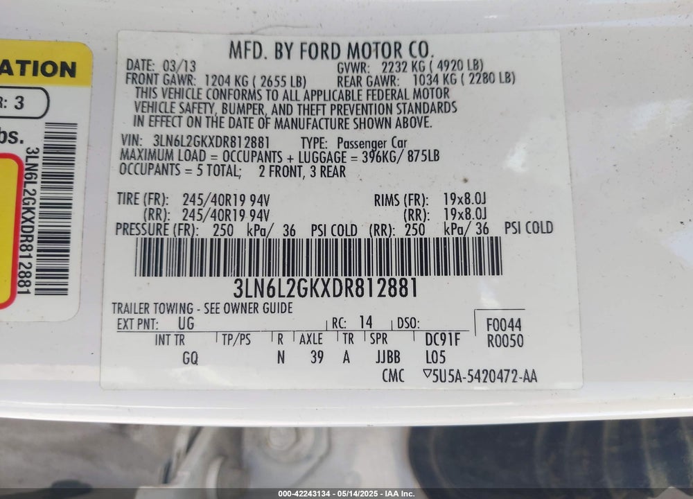 2013 LINCOLN MKZ VIN: 3LN6L2GKXDR812881
