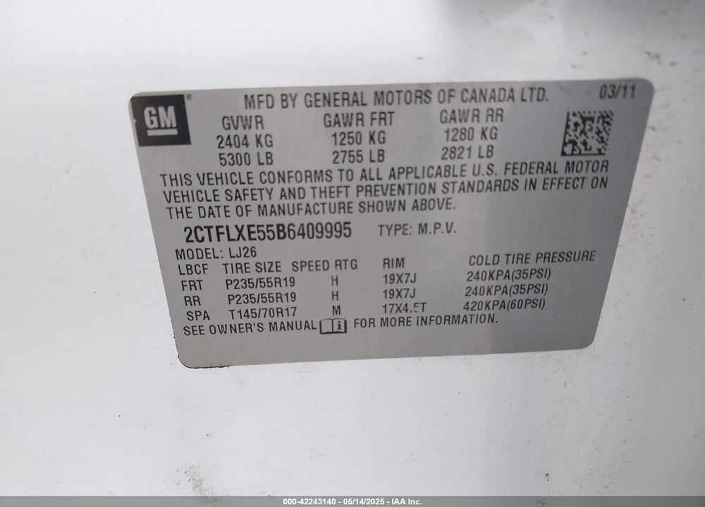 2011 GMC TERRAIN SLT-2 VIN: 2CTFLXE55B6409995