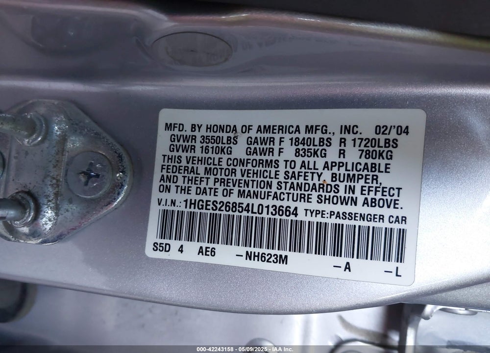 2004 HONDA CIVIC EX VIN: 1HGES26854L013664